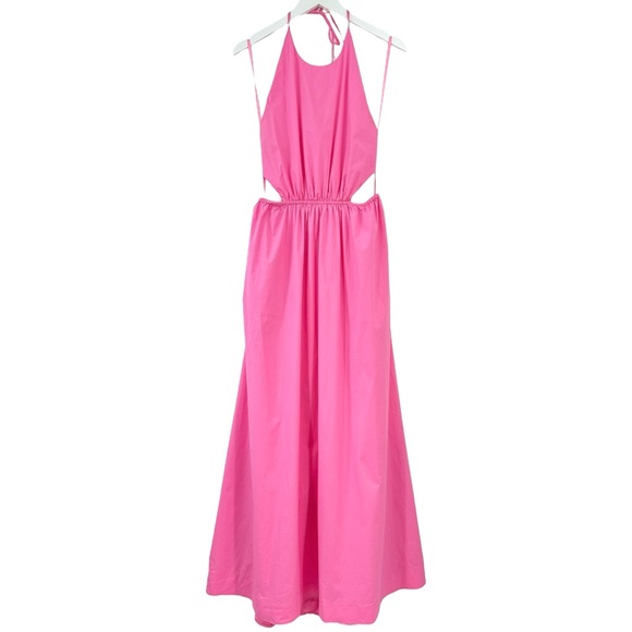 STAUD Apfel Maxi Pink Halter Open Back Lightweight Cotton Maxi Dress w/ Pockets - Picture 5 of 13